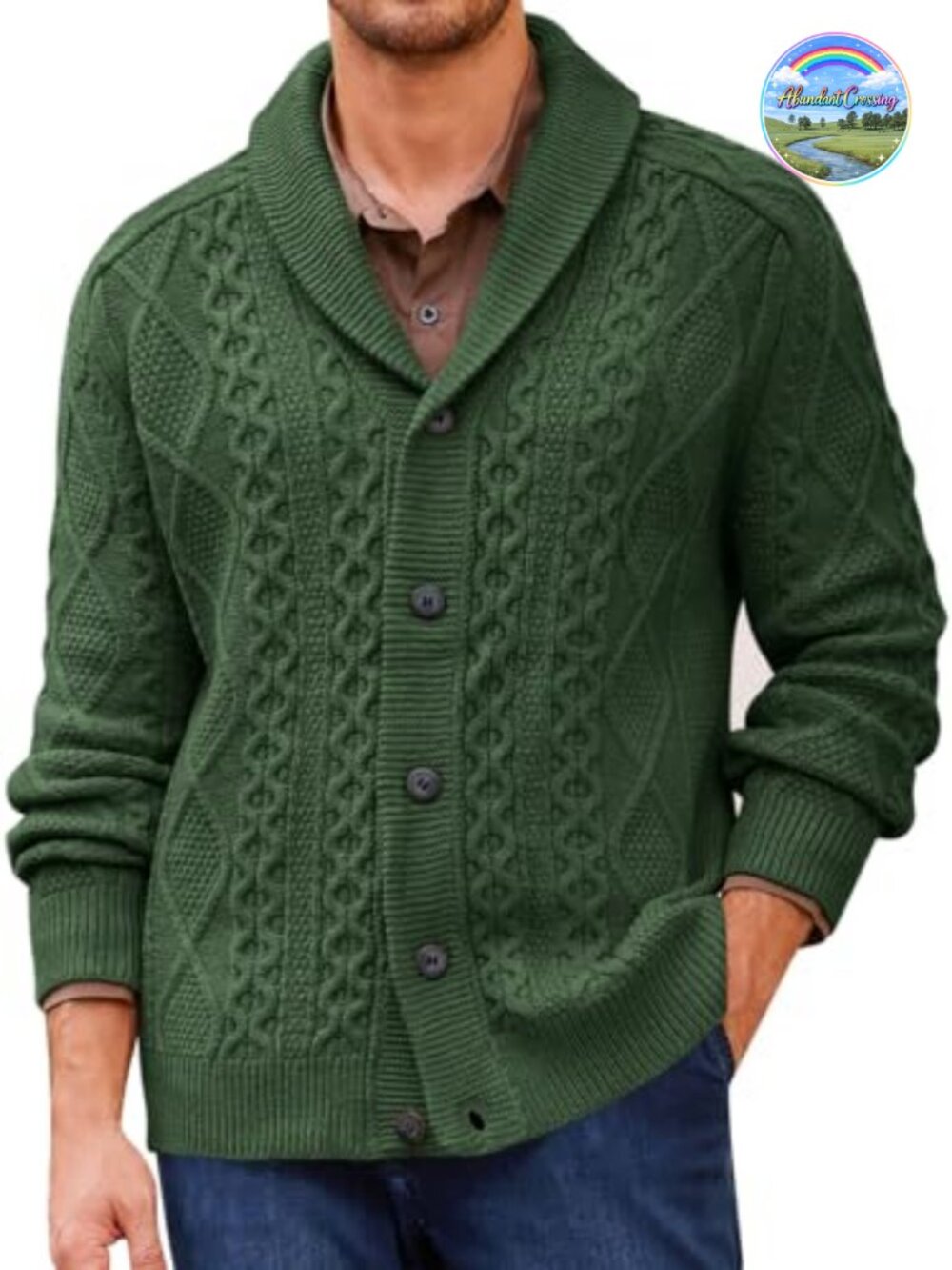 Men's Cable Knit Shawl Collar Cardigan Sweater, Button Up Long Sleeve, Chunky